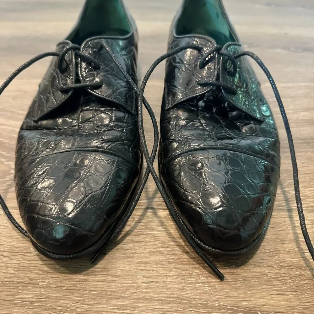 Vintage Gucci Black Alligator Leather Lace Up Derby Dress Shoes Mens Size 10